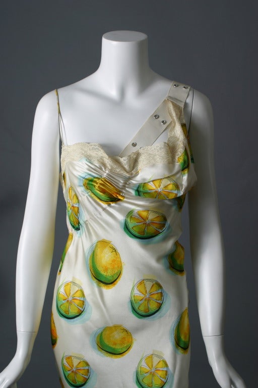 Women's 2004s Christian DIOR lemon print satin cocktail dress For Sale