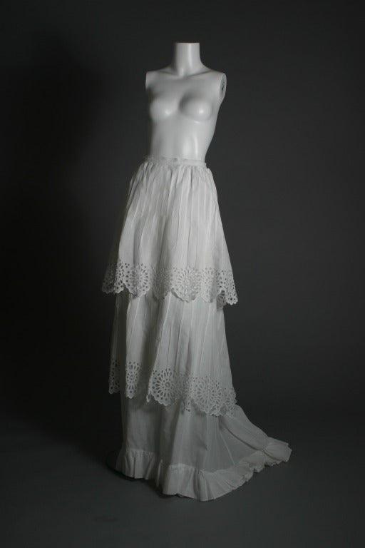 1870s French embroidered linen petticoat with train and flounces