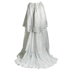 1870s French embroidered linen petticoat with train and flounces