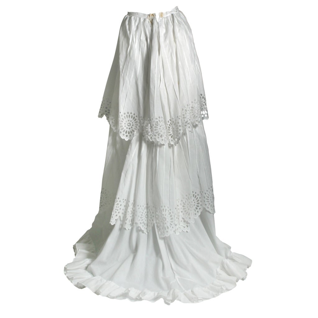 1870s French embroidered linen petticoat with train and