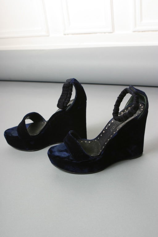 2003 TOM FORD for YSL Collector midnight blue silk velvet wedged sandals