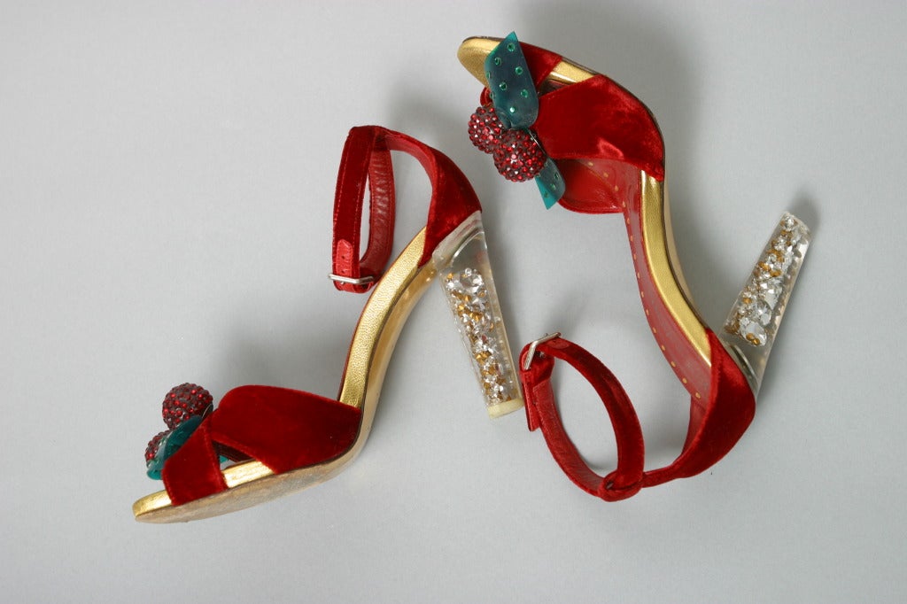 Women's 2003 TOM FORD FOR YSL Collector red velvet rhinestone heel sandals size 37 For Sale