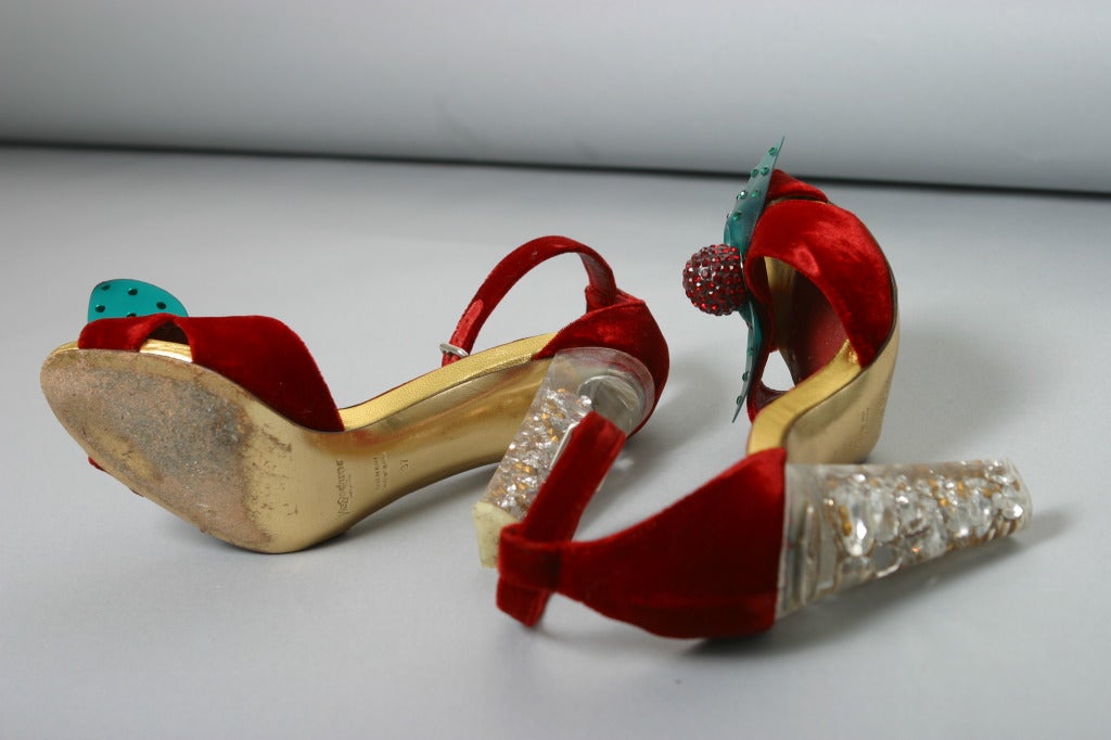 2003 TOM FORD FOR YSL Collector red velvet rhinestone heel sandals size 37 For Sale 1