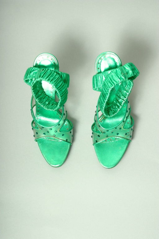 TOM FORD for YSL Collector emerald lame Swarovski crystals sandals Size 37 1/2 In Excellent Condition For Sale In Newark, DE