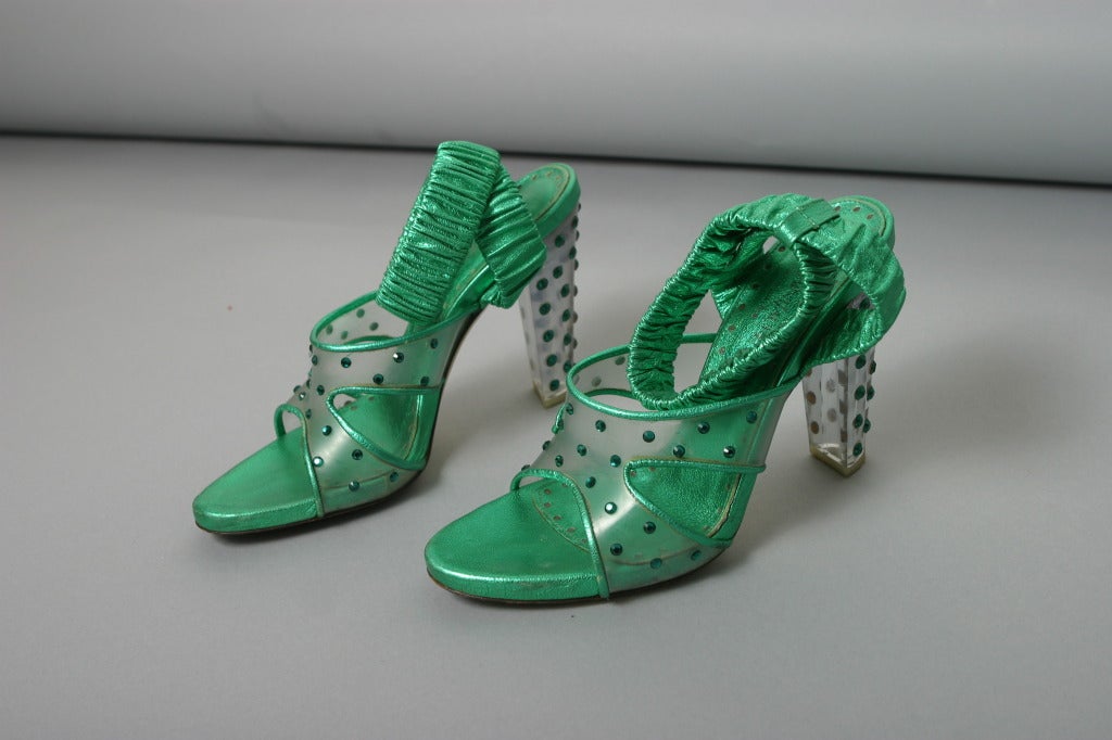 Women's TOM FORD for YSL Collector emerald lame Swarovski crystals sandals Size 37 1/2 For Sale