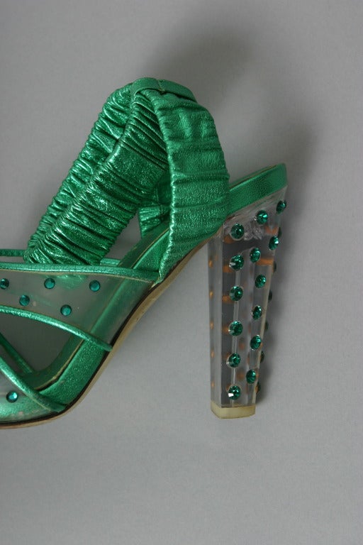 TOM FORD for YSL Collector emerald lame Swarovski crystals sandals Size 37 1/2 For Sale 1