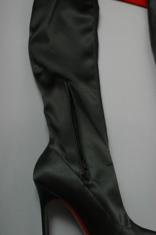 Women's Christian LOUBOUTIN Stunning black satin evening thigh high boots size 37 1/2 For Sale