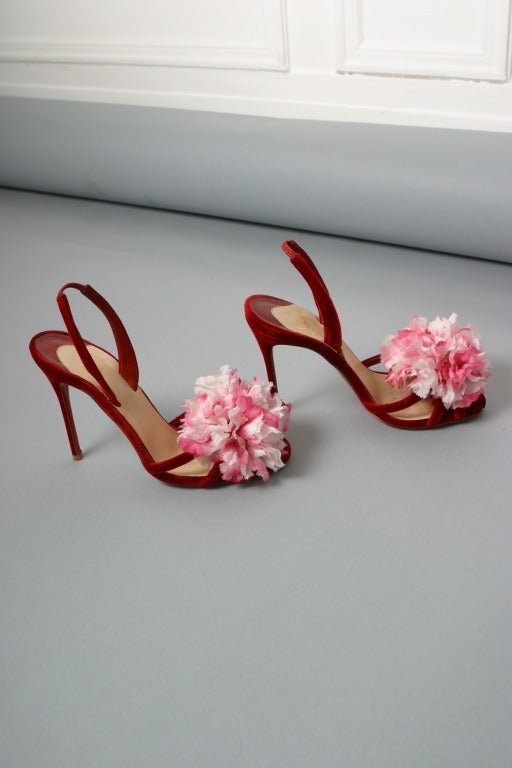 Christian LOUBOUTIN gorgeous red velvet and silk flower sandals size 37 1/2 For Sale 1