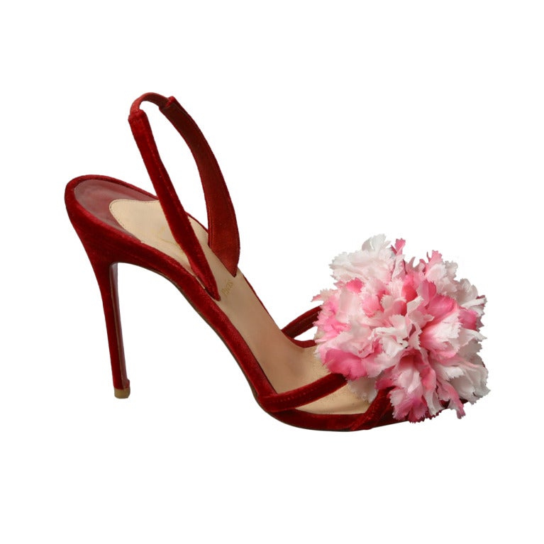 Christian LOUBOUTIN gorgeous red velvet and silk flower sandals size 37 1/2 For Sale