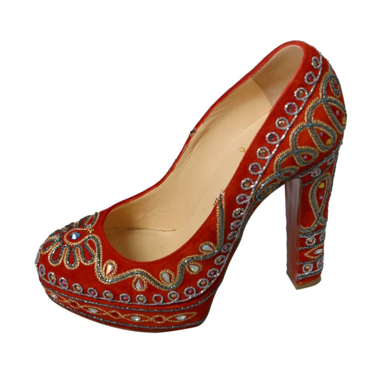 Christian LOUBOUTIN fabulous rust suede pumps adorned with sequins Size 37 1/2 For Sale
