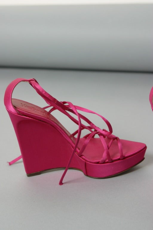 2000s TOM FORD for YSL hot pink silk satin wedged evening sandals size 37  For Sale at 1stDibs