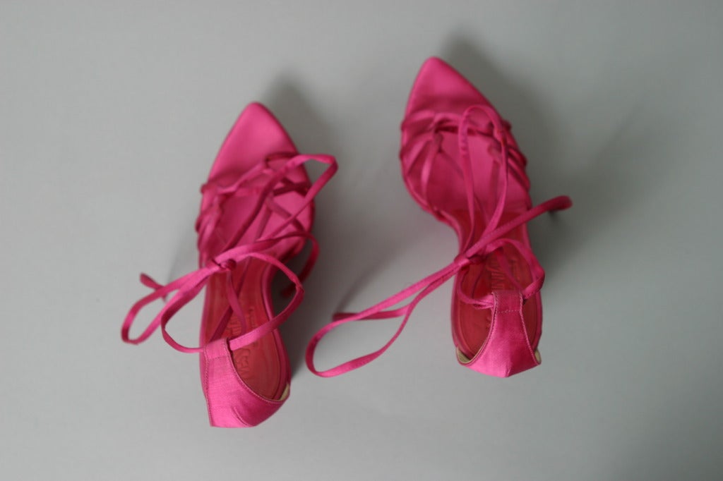 2000s TOM FORD for YSL hot pink silk satin wedged evening sandals size 37 For Sale 1