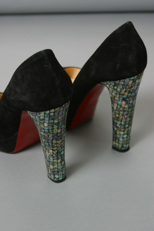 Women's Christian LOUBOUTIN black suede and nacre heel peep toe pumps size 37 For Sale