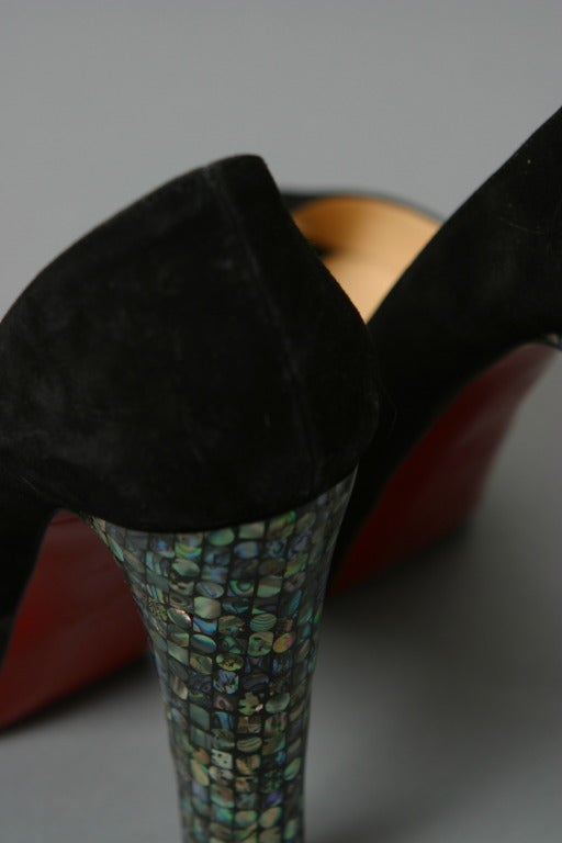 Christian LOUBOUTIN black suede and nacre heel peep toe pumps size 37 For Sale 1