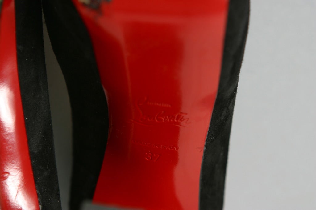 Christian LOUBOUTIN black suede and nacre heel peep toe pumps size 37 For Sale 5