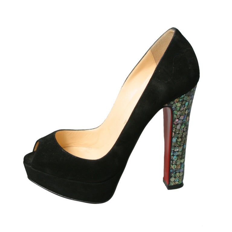 Christian LOUBOUTIN black suede and nacre heel peep toe pumps size 37 For Sale