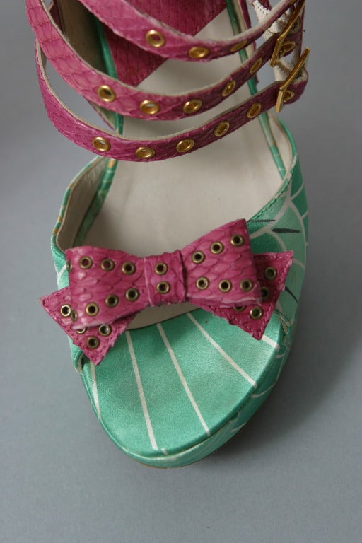 2003 DIOR by GALLIANO Iconic silk satin and pink python sandals size 38 1/2 For Sale 2