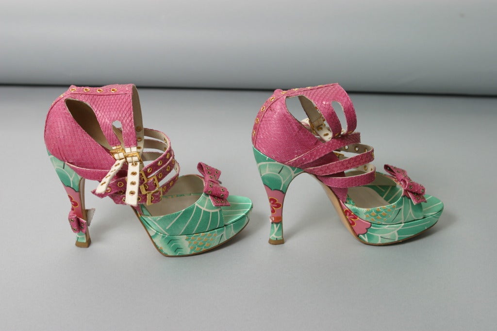 2003 DIOR by GALLIANO Iconic silk satin and pink python sandals size 38 1/2 For Sale 3
