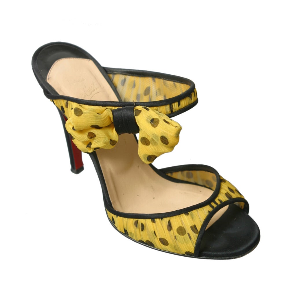 Christian LOUBOUTIN yellow and black polka dot chiffon mules size 37 1/2 For Sale
