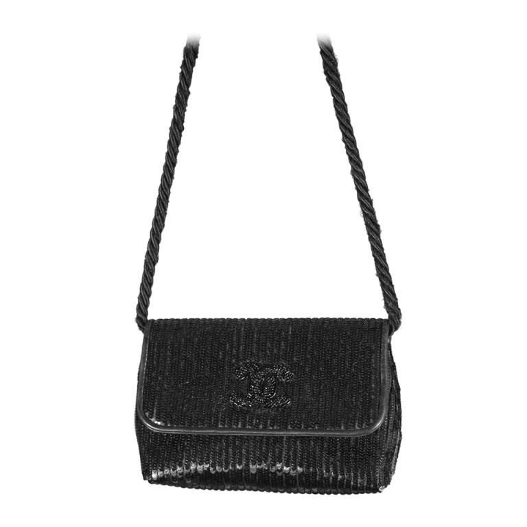 1985s Chanel micro sequined pouch on silk braid For Sale