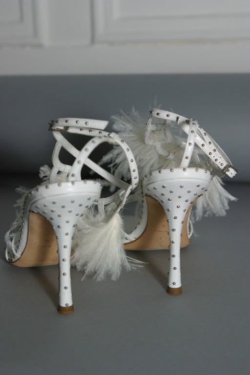 Women's DIOR exquisite new white ostrich feather and studded leather sandals size 38 1/2 For Sale