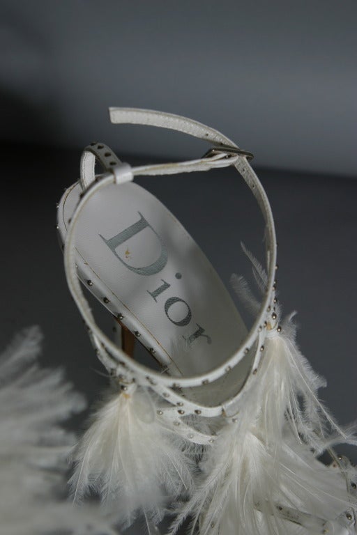 DIOR exquisite new white ostrich feather and studded leather sandals size 38 1/2 For Sale 1