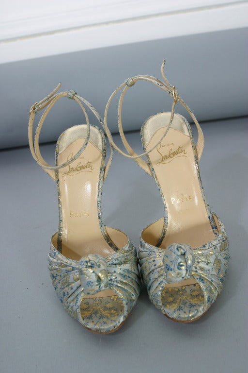 Women's Christian LOUBOUTIN Gold  grey and blue damask evening sandals size 37 For Sale
