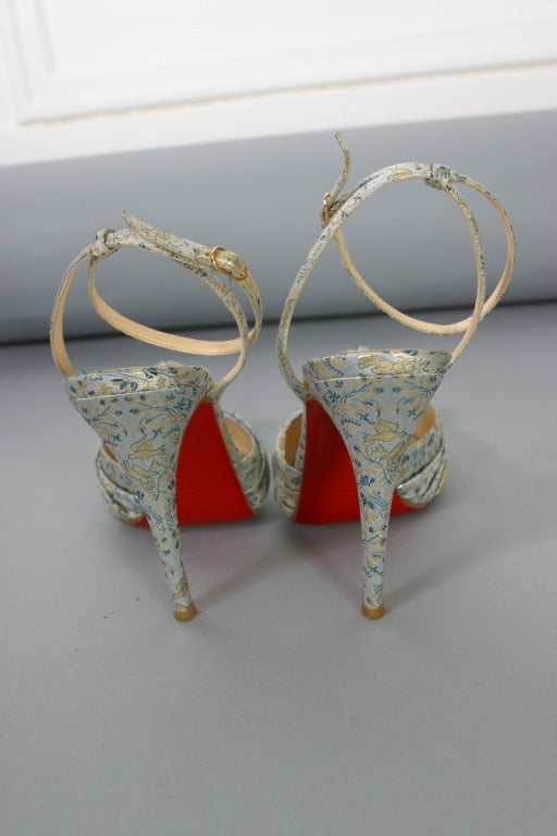 Christian LOUBOUTIN Gold  grey and blue damask evening sandals size 37 For Sale 1