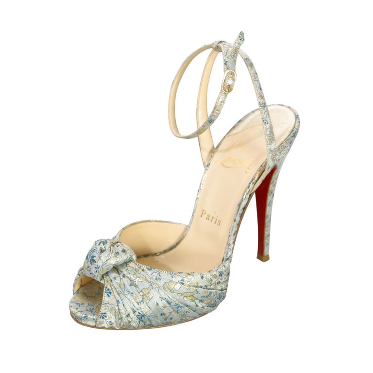 Christian LOUBOUTIN Gold  grey and blue damask evening sandals size 37 For Sale