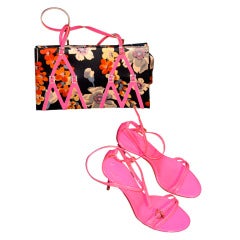 GALLIANO's sensational fluo pink sandals and matching satin hand bag