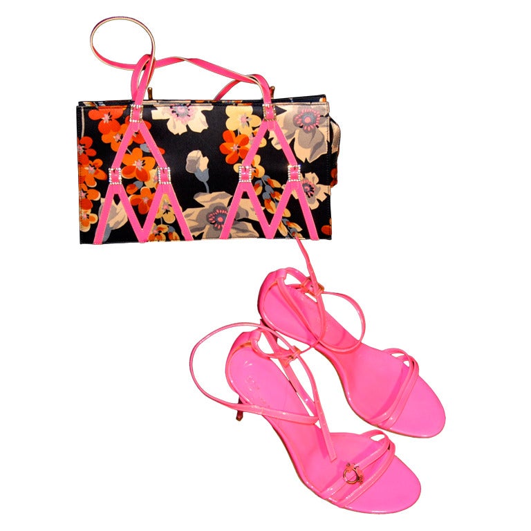 GALLIANO's sensational fluo pink sandals and matching satin hand bag For Sale