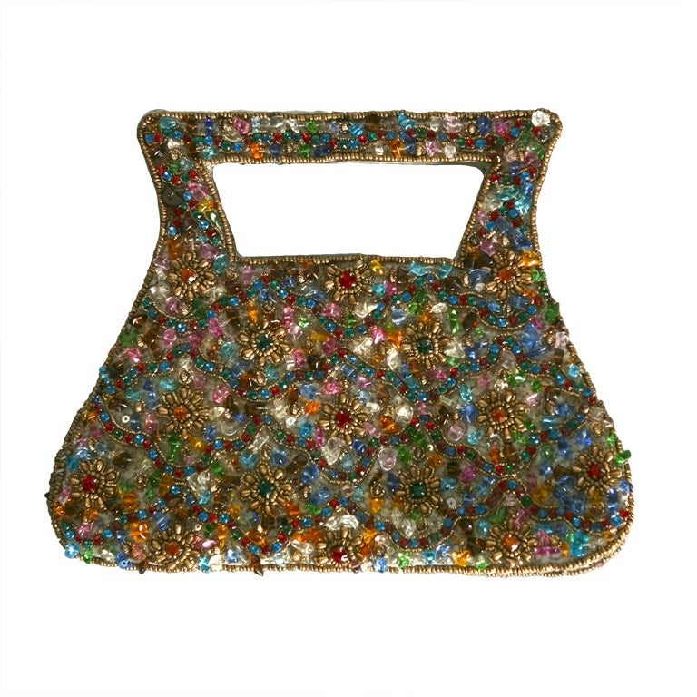 1970's french jewel like embroidered evening hand bag For Sale