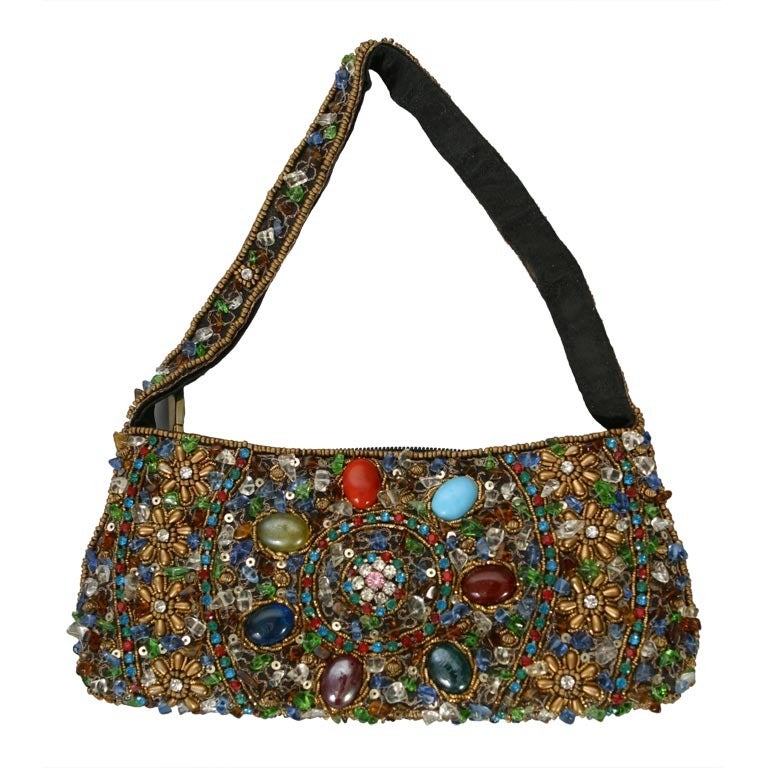 1970's french fully embroidered jewel like handbag For Sale
