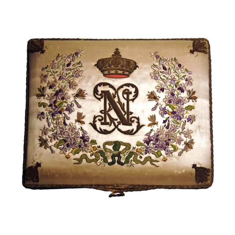 1850s Exceptional white satin embroidered box from the Empress Eugenie of France For Sale