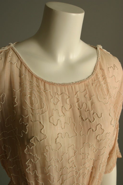 1920s French beaded flesh- colored muslin dress In Fair Condition For Sale In Newark, DE