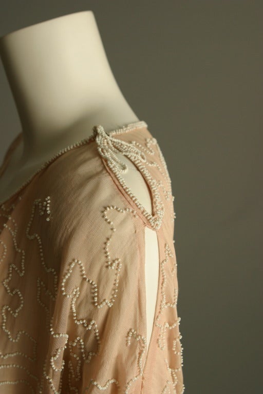1920s French beaded flesh- colored muslin dress For Sale 2