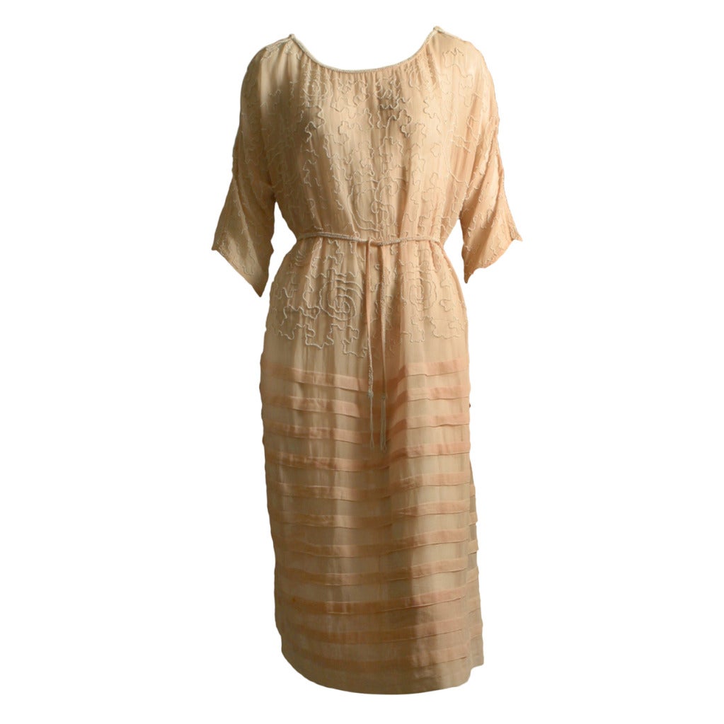 1920s French beaded flesh- colored muslin dress For Sale