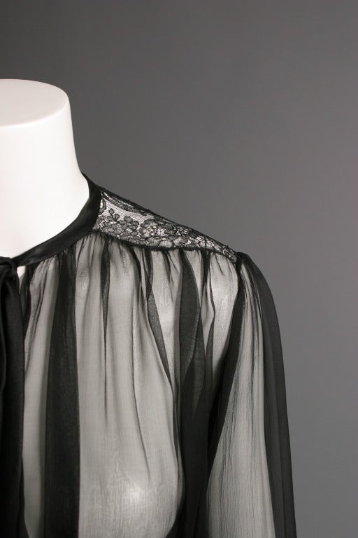 1970s French Couture black chiffon and Chantilly lace cocktail dress For Sale 1