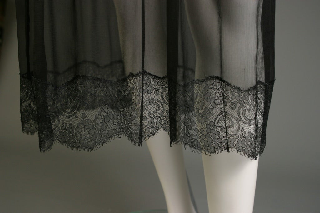 1970s French Couture black chiffon and Chantilly lace cocktail dress For Sale 2