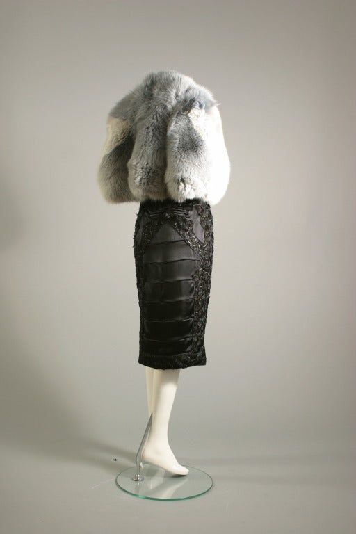 2000s Yves Saint Laurent black silk satin and cock feathers cocktail skirt