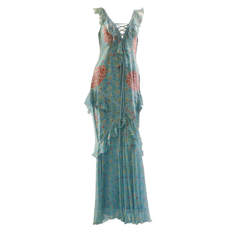 2003 DIOR printed chiffon laced evening gown For Sale