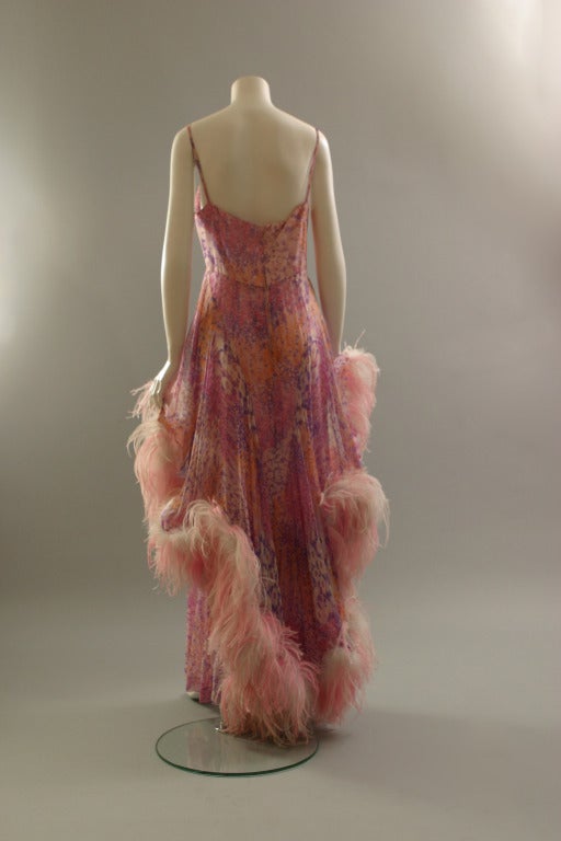 1970s Vaporous printed chiffon and ostrich feathers evening gown 1