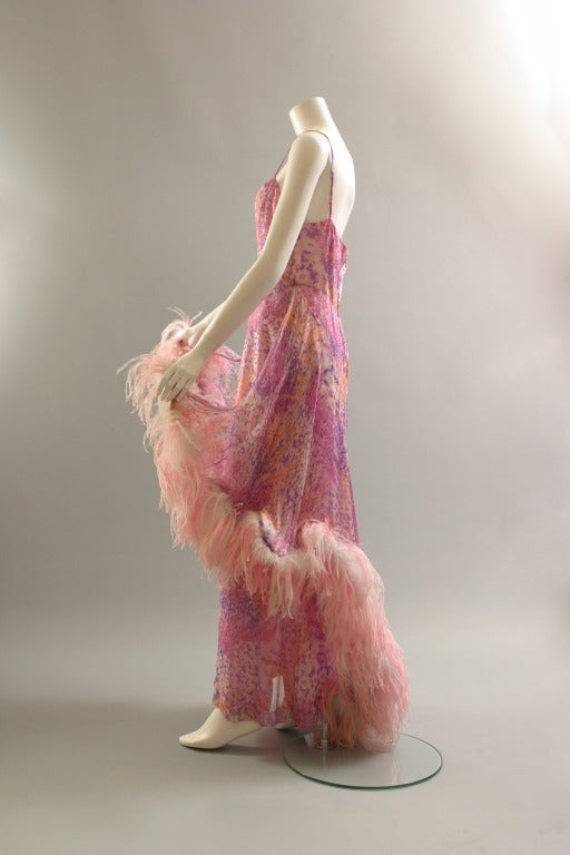 1970s Vaporous printed chiffon and ostrich feathers evening gown 2