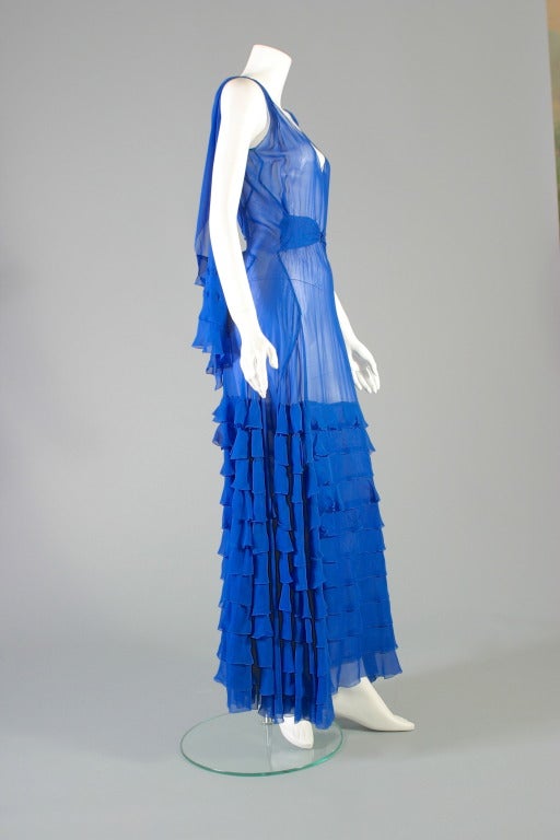 French haute couture, Circa 1930

Beautiful vivid blue silk chiffon evening gown, masterly couture work, 
US Size 4 to 6