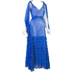 1930s Frech Haute Couture vivid blue silk chiffon evening gown