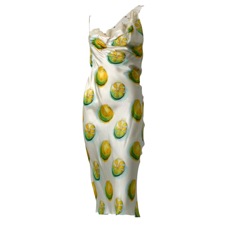 2004s Christian DIOR lemon print satin cocktail dress For Sale
