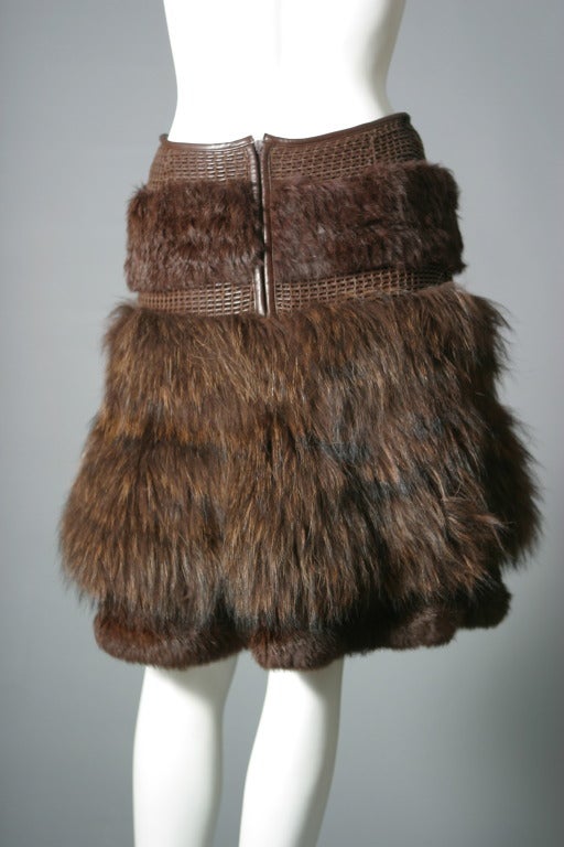Rykiel's chestnut color marmot fur and leather knitted skirt In Excellent Condition For Sale In Newark, DE