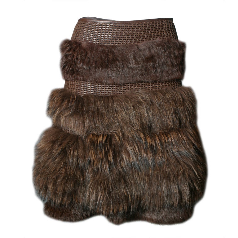 Rykiel's chestnut color marmot fur and leather knitted skirt For Sale