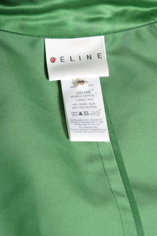 CELINE superb emerald green silk satin trench coat For Sale 3