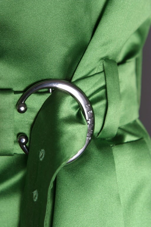 CELINE superb emerald green silk satin trench coat For Sale 1
